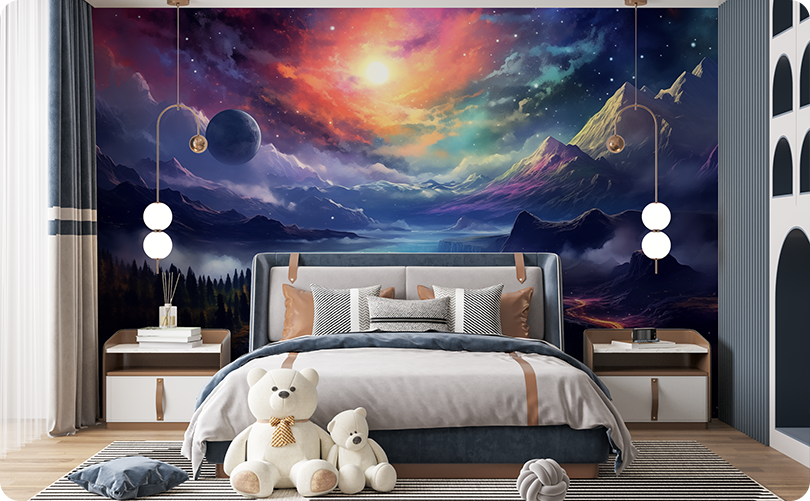 Colorful galaxy fantasy wallpaper mural with a blue planet and bright nebula behind a gray upholstered bed